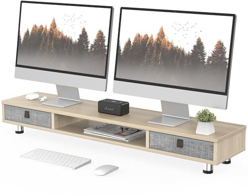 Fenge Dual Monitorständer mit 2 Schublade Großer Bildschirmständer für PC Laptop TV, Höhenverstellbarer Computer Monitorständer 108x23,5x15,2-16,7cm, Eiche