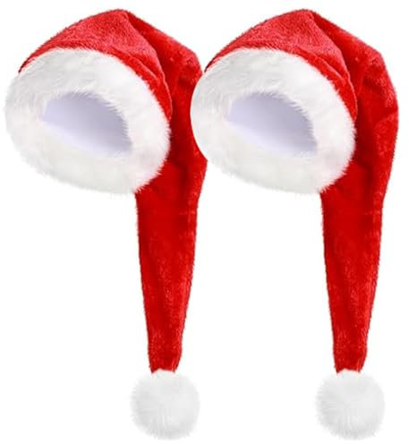 RoadLoo Weihnachtsmütze, 2 Stück Lang Weihnachtsmütze Nikolausmütze Plüsch Weihnachtshut Plüsche Weihnachtsmann Mütze Santa Weihnachtsmütze für Herren/Damen Neujahr Festliche Feiertage Party (Rot)