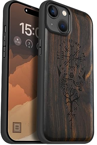 Carveit Holz Handyhülle für iPhone 15 Plus hülle, Kompatibel mit Magsafe Silikon Stoßfeste Cover, Magnetisch hull für Apple 15 Plus Case（Dunklesholz-Wikingerkompass Vegvisir）. | Handyhulle kompatibel MagSafe Massivholz für iPhone 15 Plus Handyhülle Stoßstange Weich TPU Case