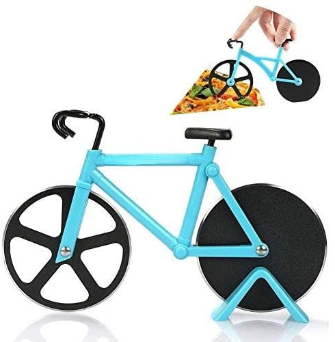 Tagliapizza a forma di bicicletta con doppia rotella in acciaio inox con supporto (blu)
