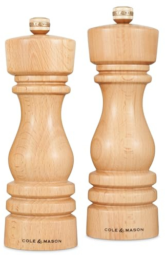 Cole & Mason London Salz und Pfeffermühle Holz 18 cm Natürliches Buchenholz | Pfeffer und Salzmühle Holz, Keramikmahlwerk, verstellbarer Mahlgrad, Gewürzmühle, Salz und Pfeffermühle Set, Geschenkset