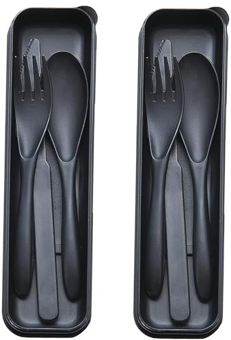 Reisebesteck-Set mit Etui, wiederverwendbare, 2 Sets tragbare Utensilien Plastikgabel Messer Löffel für Camping Picknick Arbeit Schule Täglicher Gebrauch (Schwarz)