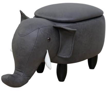 SVITA Tierhocker mit Stauraum Kinderhocker Ordnungshelfer Sitzhocker Polster mit Holzbeinen Kinderzimmer Deko Sitzbox Tier-Motiv Elefant Grau