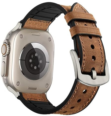 OUHENG Compatibile con Apple Watch Band Ultra 2/Ultra, cinturino ibrido in vera pelle e gomma resistente al sudore per iWatch Ultra 2/1, cinturino marrone con adattatore in titanio