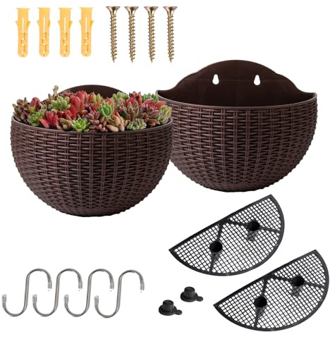 YuanDiann Wandmontage Blumentopf Halbrunder Rattanimitat Hängender Blumenkorb Balkon Innen Außen Garten Deko Pflanzgefäß Blumenampel Selbstbewässerung mit Wasserspeicher Kaffee 2 Pack L