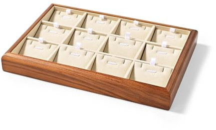 Oirlv Vassoio Per Gioielli A 12 Griglie In Legno Massiccio Per Gioielli Organizzatore Di Vassoi Per Collane E Pendenti (Bianco Crema)