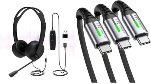 Venker EL USB Headset with Microphone, 3.5mm/USB Jack 2-In-1 Computer Headset & INIU USB C Charger Cable, [3 Pack, 2+2+0.5m] USB A to USB C Cable 3.1A Fast Charging