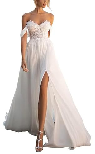 SEVENYXX Damen Brautkleider Standesamt Schulterfrei Hochzeitskleider Chiffon Brautkleid mit Schlitz, White, 32