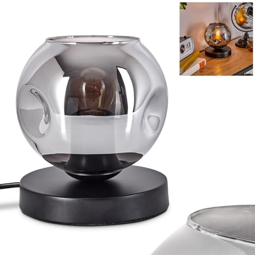 Tischleuchte Ripoll, Tischlampe aus Metall/Glas in Schwarz/Rauchfarben, Leuchte im modernen Retro/Vintage-Design mit Schirm aus Glas (Ø 15 cm) u. An/-Auschalter am Kabel, 1 x E27, ohne Leuchtmittel