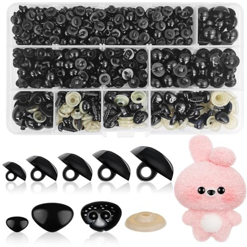 Hengxinchen 430 Stück 5 Größe Schwarze Knopfaugen mit Sicherheitsnasen | 8-15 MM Sicherheitsaugen für Häkeltiere, Kunststoff Augen zum Aufnähen für Häkeltier Puppe Marionette Plüschtier