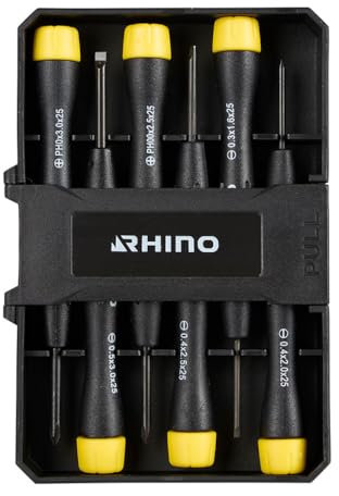 RHINO - Tournevis de précision, tournevis de précision horlogerie - Tournevis de précision kit - 6 pièces - En acier chrome vanadium - 4 tournevis plats (1,6 ; 2,0 ; 2,5 ; 3,0 mm) et 2 cruciformes