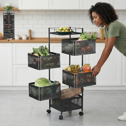 6 Tier Rotating Vegetable and Fruit Storage Rack on Wheels, Detachable Kitchen Trolley Cart for Living Room/Bedroom/Household Corner Organisation, Black