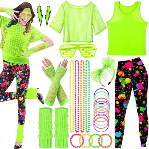 SaiXuan 26 Pcs 80er Jahre Neon Kleidung Damen Set, Netzshirt Damen, Fluoreszierende Westen, Stirnband, Ohrringe, Halskette, Netzhandschuhe, für 80er Jahre Outfit, Mottopartys, Bühnenshows (L)