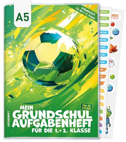 Häfft® Lernfreunde Hausaufgabenheft Grundschule A5 1 + 2 Klasse ohne Datum (Fußball) | inkl. Schutzhülle, Sticker, Stundenplan, Mitteilungsfelder - extra große Schrift & Zeilen Fußball
