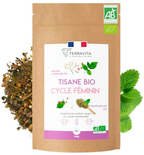 Tisane Cycle Féminin BIO | 7 Plantes Bio pour Soulager Règles et SPM | Avec Feuilles de Framboisier | Infusion Sans Caféine ni Théine | Sans OGM ni Additifs | 100g | Made in France | Terravita