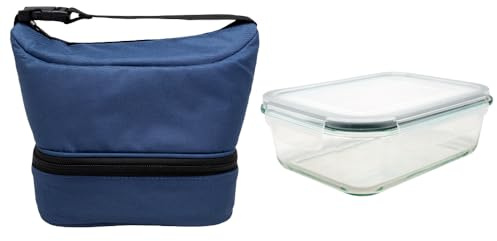 NERTHUS FIH 1503 - Contenitore termico a sacchetto nero con contenitore ermetico in vetro 640ML, borsa porta alimenti con doppio scomparto, interno isolante, con manico, ideale per lavoro e ufficio