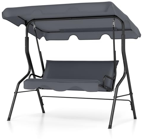 COSTWAY 3 Seater Garden Swing Chair, Outdoor Indoor Canopy Powder Coated Steel Cushioned Seaters, Patio Metal Hammock Swinging Bench Lounger Seat, 210KG (Grey)