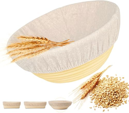 DeJivsin Cestino Lievitazione Pane Rotondo, 23 cm in Rattan Naturale, per Cuocere il Pane, con inserto in Lino Lavabile, per Panettiere Professionali e Casalinghi