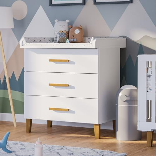 Bellabino Liri Wickelkommode – Wickeltisch mit abnehmbaren Wickelaufsatz und 3 Schubladen – Babykommode mit großer Wickelfläche in Weiß/Natur – Wickelschrank für Babys