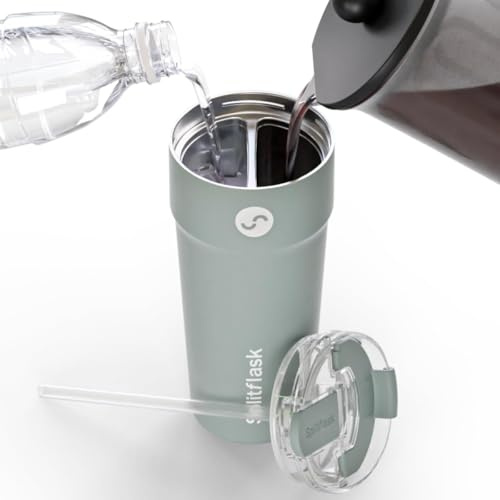 2-i-1 varm- och kallvakuumisolerad 30 cl dricksglas, rostfritt stål dubbelkammare, läckagesäker, BPA-fri, kopphållare, resekaffemugg, delad kopp, 2 drycker, 2 sidor, vattenflaska (Royceton Sage)