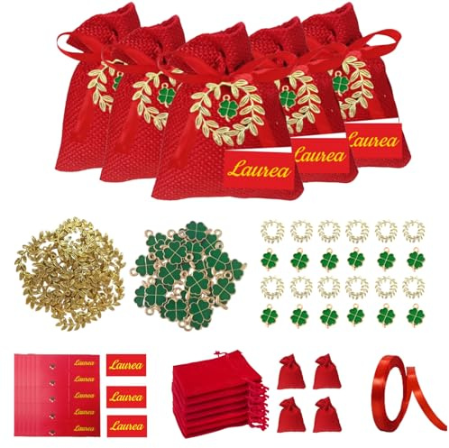 26 pz Sacchetti Portaconfetti Laurea, Bigliettini Bomboniere Laurea Portaconfetti, Ciondoli Corona d'Alloro Quadrifoglio, Sacchetti Iuta Rossa, Festa laurea Congratulazioni Confetti Regalo