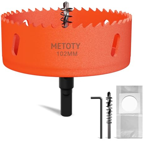 METOTY 102mm Bi-Metal Hole Saw,Universal HSS M42 Hole Saws,with Triangular Shaft Adapter and Centring Drill, One Free Dust Bag for Aluminum, Metals, Plastics, Acrylic Glass, Wood, Gypsum board