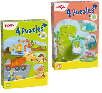 HABA Stickpusselset med träfigurer 2-pack – med träfigurer: Byggplats (grävmaskiner) och dinos (babydino) från 2 år