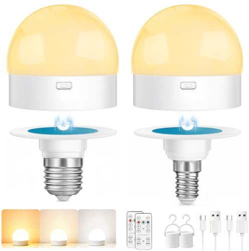 Blakapoo Bombilla LED Recargable con Control Remoto, LED E14/E27 Regulable, con Temporizador, 3 Temperaturas de Color, Base Magnética, Uso Doméstico, Lámpara de Emergencia con Gancho, Paquete de 2