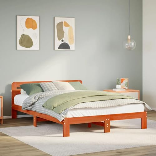 kithwjll Massivholzbett ohne Matratze, Wachsbraun 140x190 cm, Kiefernholz Bettrahmen mit Lattenrost, Stauraum und Kopfteil, Stabiles Doppelbett für erholsamen Schlaf