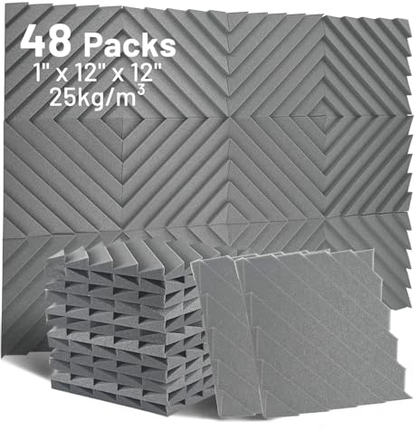 Focusound 48 Pack Sound Proof Foam Panels, 1 x 12 x 12 Acoustic Foam Panels for Wall High Density Soundproofing Wedge Panels for Studio Office Game Room(Grey)