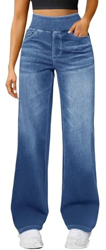 Pull On Jeans for Women UK Wide Leg Jeans for Women Elasticated High Waisted Casual Baggy Trousers Going Out Fashion Pull On Pants Work Stretchy Denim Pants 2026 Boyfriend Streetwear Clothes