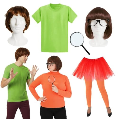Conjunto de disfraz para parejas de misterioso y detective para niña, accesorios icónicos de dúo de dibujos animados con pelucas, medias, tutú y lupa, perfecto para Halloween, fiestas temáticas