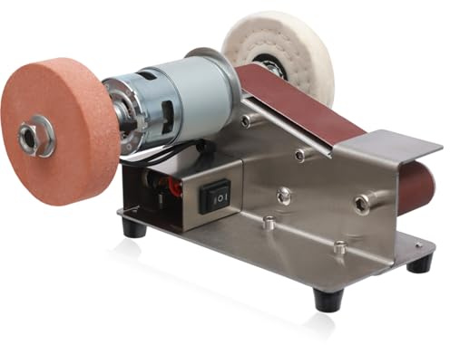 Mini lijadora de banda eléctrica, 150 W, lijadora de banda eléctrica, lijadora de banda eléctrica con 20 bandas de lijado, 7 niveles de velocidad, afilador de cuchillos, pulidora con cubierta