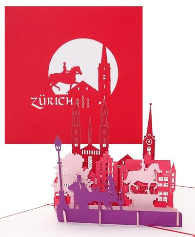 3D Pop Up Karte „Zürich – Panorama mit Grossmünster“ - Grußkarte mit Zürcher Panorama – Städtekarte als Schweiz Souvenir, Einladungskarte & Gutschein zur Städtereise