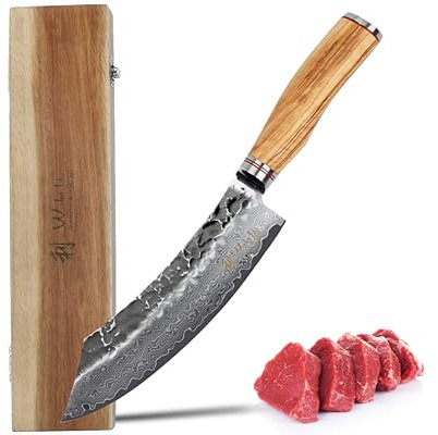 Wakoli Olive HS Damastmesser Grill Blockmesser 20 cm Klinge – 67 Lagen Damaststahl mit Hammerschlag, VG10-Kern, Olivenholzgriff – scharfes Küchenmesser & BBQ-Messer für Fleisch, Fisch in edler Holzbox