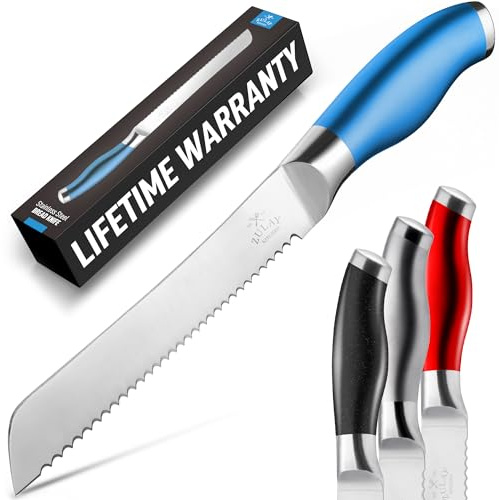 Zulay Kitchen Serrated Bread Knife - 8 Inch Stainless Steel Bread Cutter for Homemade Bread, Cake, Bagels, Pastries - Sharp & Durable Slicing Knife with Tip Safety Guard - Non-Slip 5 Handle - Blue