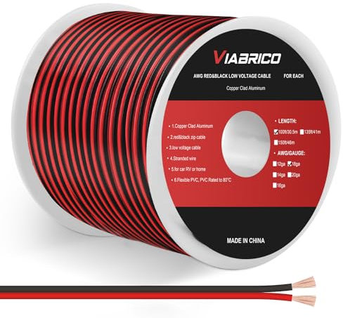 VIABRICO 100FT 18 AWG Gauge Electrical Wire, DC 12V Hookup Red Black Copper clad aluminum Stranded Auto 2 Cord Low Voltage, Extension Cable with Spool for LED Ribbon Lamp Light