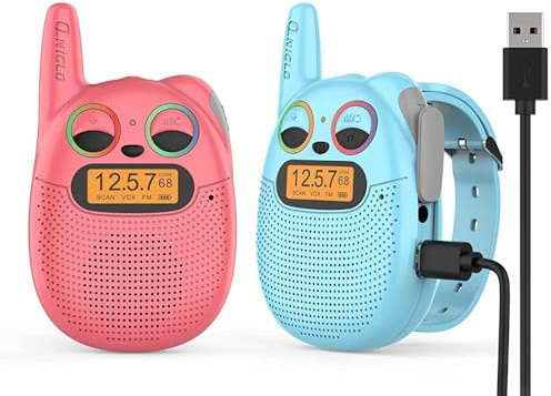 QNIGLO Walkie Talkie Kinder Aufladbar mit FM, 2-5km Reichweite, funkelnden LED-Augen, tragbarer Uhr, Walkie Talkie Spielzeug für Kinder (Rot + Blau, 2 Pack)
