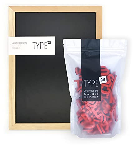 TYPE OH Lavagna magnetica (30 x 40 cm) con 200 lettere magnetiche moderne, numeri e caratteri speciali, ideale per menu, lista della spesa, lettera/messaggistica
