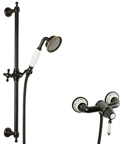PaulGurkes schwarzes Aufputz Duschset Retro Duscharmatur Nostalgie Duschstange Einhandmischer Duschsystem schwarz Keramikeinlage Bordüre Rankenmuster Vintage Landhausstil Handbrause Brauseschlauch