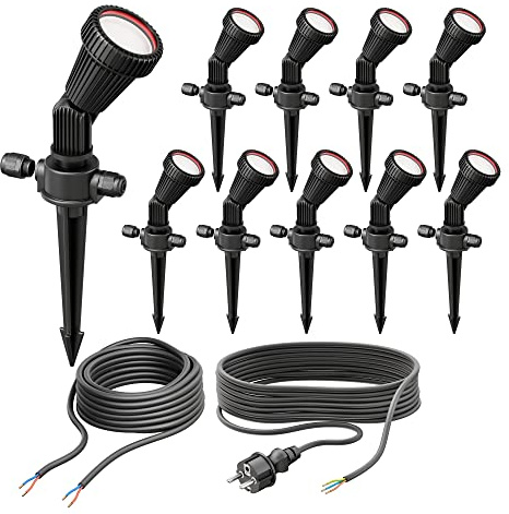 ledscom.de 10er Set Gartenstrahler mit Erdspieß PIRK für außen, IP44, schwarz, Stecker, inkl. GU10 LEDs je max. je 500lm warmweiß