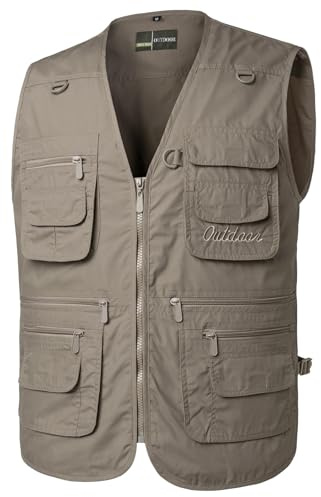 Yukirtiq Herr fiskeväst med flera fickor camping Gillette resa väst jacka ärmlös hundträning väst vandring väst fotografi topp, Khaki, XL