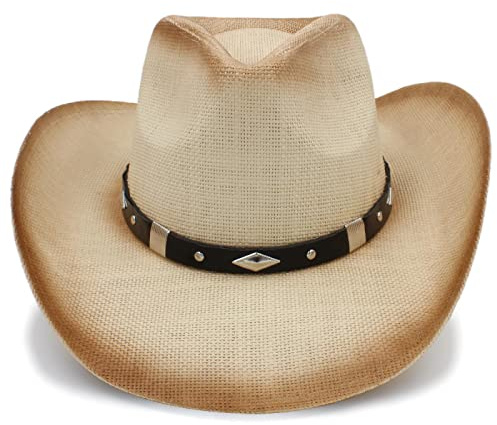 QBQZXAOSOWH Fedora Trilby Handgefertigter Cowboyhut Für Herren, Westernhut, Stroh, Strand, Sonne, Sombrero-Hut, Größe 58 cm