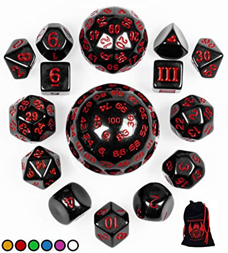 World of Dice - All-in-One Set - 15 Verschiedene polyedrische Würfel, von D100 bis D3, ideal für D&D, DSA, MTG, UVM. (rot)