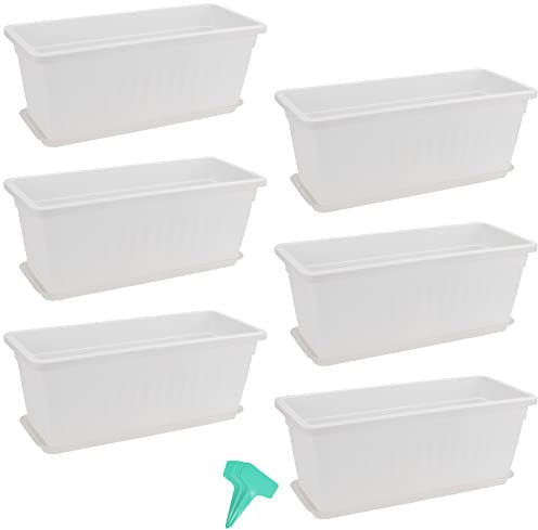 PINGEUI Confezione da 6 fioriere in plastica da 43 cm, rettangolari per davanzale, fioriere di campagna, contenitori per la coltivazione di ortaggi con vassoi e 30 etichette per piante, bianco