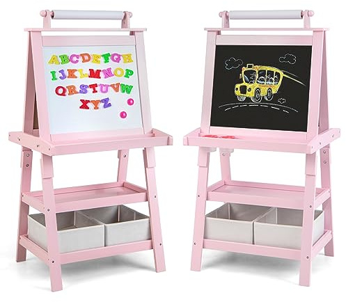 DREAMADE Chevalet Peinture pour Enfants avec Double Faces Noir et Blanc, Table àDessin pour Fille et Garçon avec 2 Étagères de Rangement, Multifonctionnel avec Accessoires Riches (Rose)