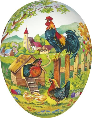 Nestler XXL 35cm Osterei zum Befüllen - Handgemachte Eier aus Pappe mit wunderschönen Motiven - Liebevolles Ostergeschenk (Hahn auf Zaun)
