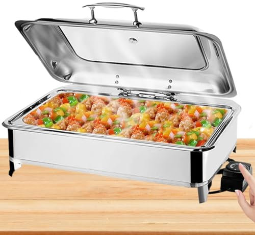 BOVDC Chafing Dish Elettrico, 9L Scaldavivande Elettrico per Buffet Acciaio Inox, Chafing Dish Buffet Elettrico Temperatura Regolabile con Coperchio Visibile(A, Full Pan)