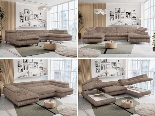 MKS MEBLE Sofa U-Form, Wohnlandschaft U-Form, Sofa mit Schlaffunktion und Bettkasten, Schlafsofa mit Bettkasten, Couch mit Verstellbare Kopfstützen - Peter U - Braun Cord (ohne Topper)