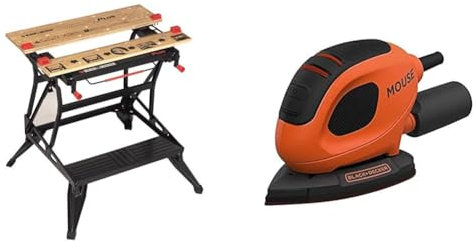 BLACK+DECKER Workmate Plus, Work Bench Tool Stand Saw Horse, Dual Height with Heavy Duty Steel Frame & 55 W Detail Mouse Electric Sander with 6 Sanding Sheets, BEW230-GB